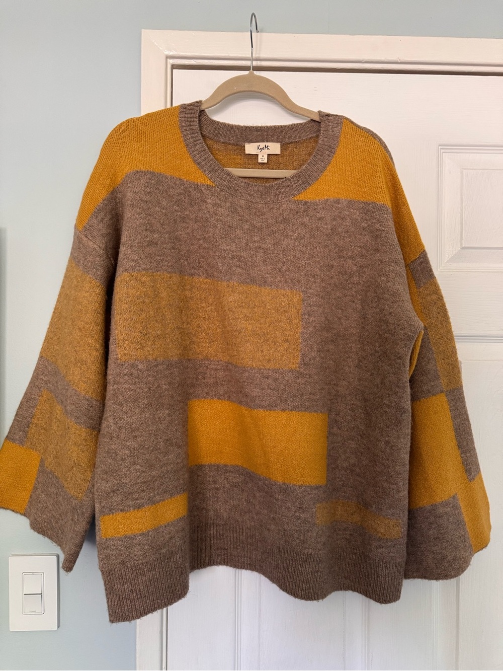 KULE Wool Colorblock Crewneck Sweater in Mustard & Brown